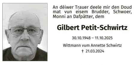 Traueranzeige für Gilbert Petit-Schwirtz