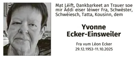 Traueranzeige für Yvonne Ecker-Einsweiler