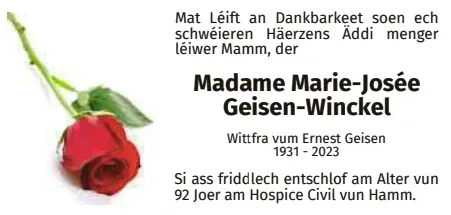 Traueranzeige für Marie-Josée Geisen-Winckel