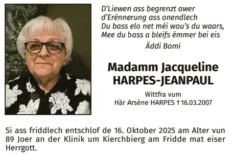 Traueranzeige für Jacqueline Harpes-Jeanpaul