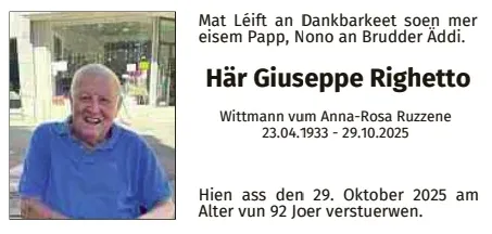 Traueranzeige für Giuseppe Righetto