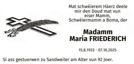 Traueranzeige für Maria Friederich
