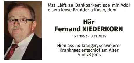Traueranzeige für Fernand Niederkorn