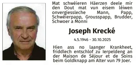 Traueranzeige für Joseph Krecké