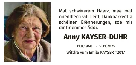 Traueranzeige für Anny Kayser-Duhr
