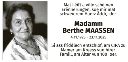 Traueranzeige für Berthe Maassen