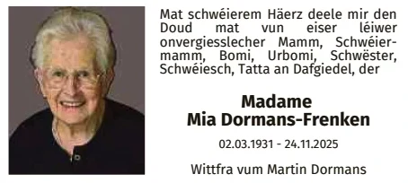 Traueranzeige für Mia Dormans Frenken