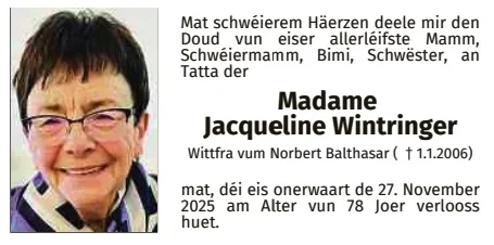 Traueranzeige für Jacqueline Wintringer