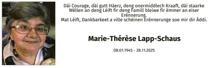 Traueranzeige für Marie-Thérèse Lapp-Schaus