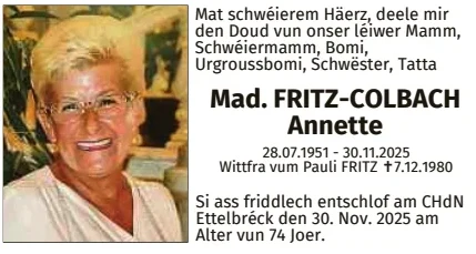 Traueranzeige für Annette Fritz-Colbach