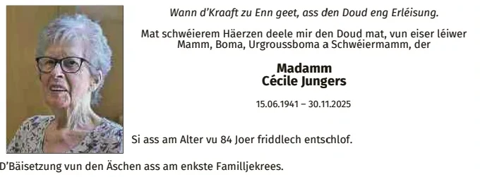 Traueranzeige für Cécile Jungers