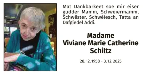 Traueranzeige für Viviane Marie Catherine Schiltz
