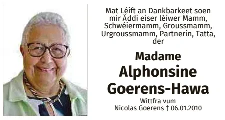 Traueranzeige für Alphonsine Goerens-Hawa