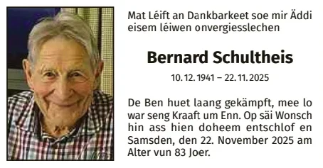 Traueranzeige für Bernard Schultheis