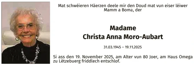 Traueranzeige für Christa Anna Moro-Aubart
