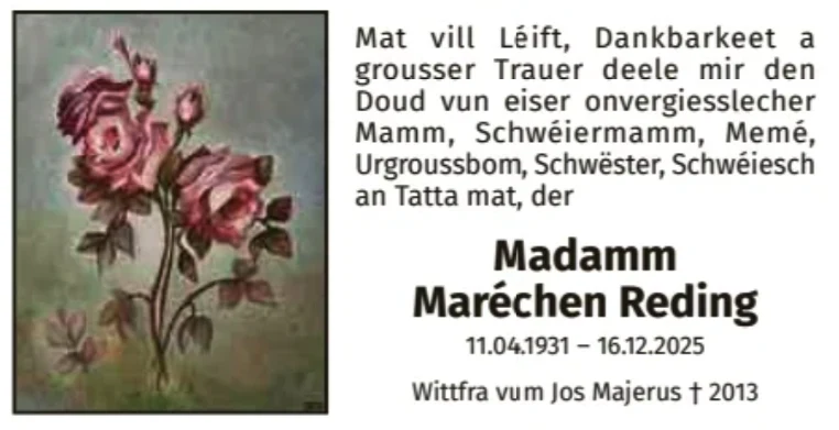 Traueranzeige für Maréchen Reding