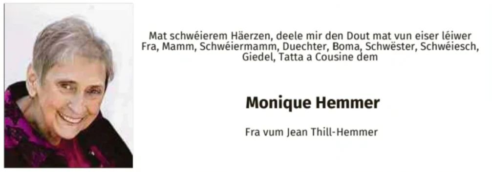 Traueranzeige für Monique Hemmer