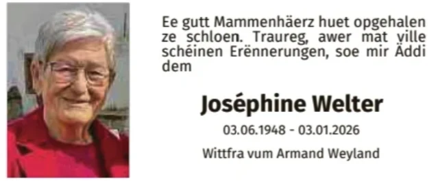 Traueranzeige für Joséphine Welter