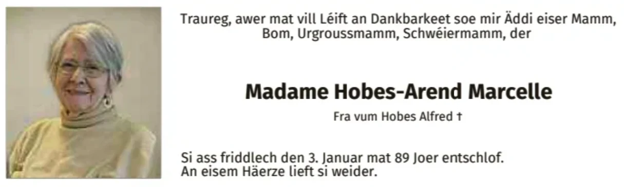 Traueranzeige für Marcelle Hobes-Arend