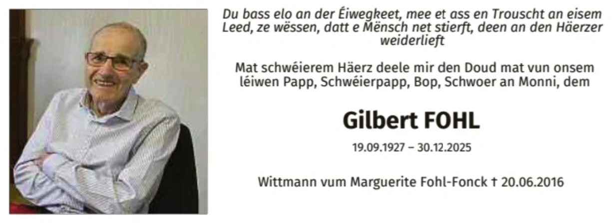 Traueranzeige für Gilbert Fohl