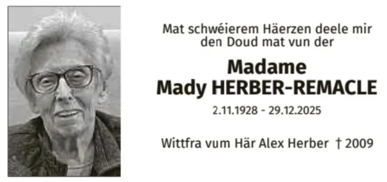 Traueranzeige für Mady Herber-Remacle