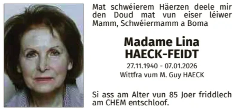 Traueranzeige für Lina Haeck-Feidt