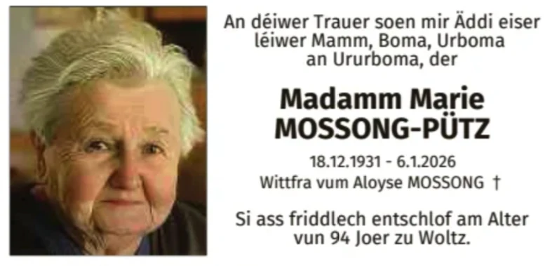 Traueranzeige für Marie Mossong-Pütz