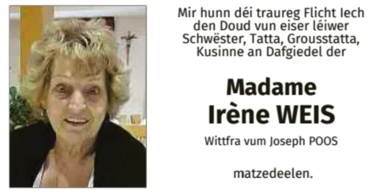 Traueranzeige für Irène Weis