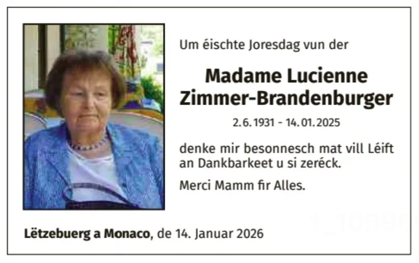 Traueranzeige für Lucienne Zimmer-Brandenburger