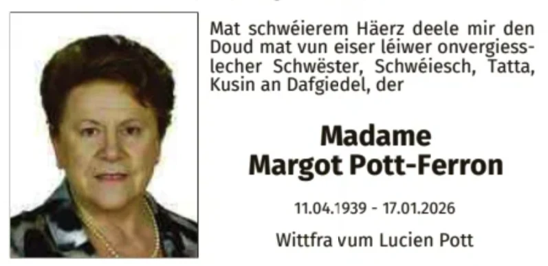 Traueranzeige für Margot Pott-Ferron