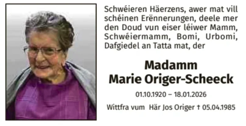 Traueranzeige für Marie Origer-Scheeck