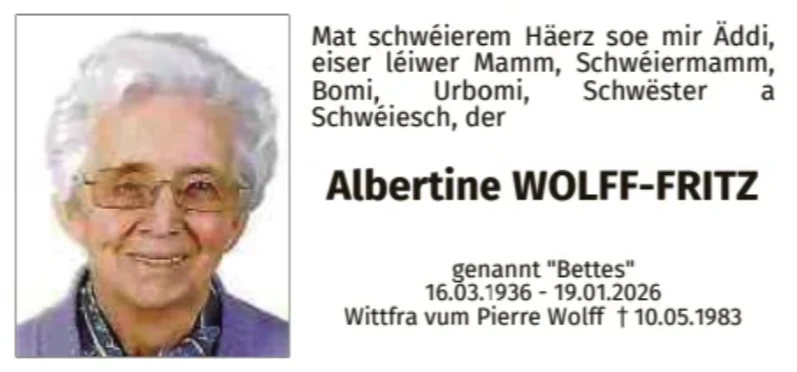 Traueranzeige für Albertine Wolff-Fritz