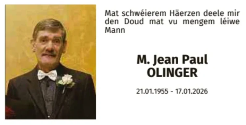 Traueranzeige für Jean Paul Olinger