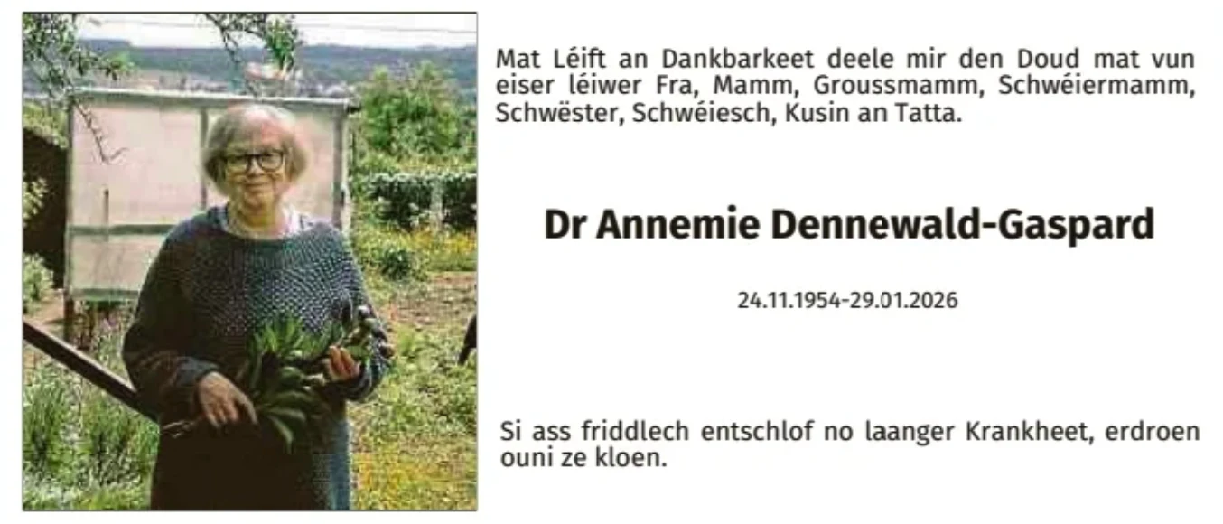 Traueranzeige für Dr. Annemie Dennewald-Gaspard