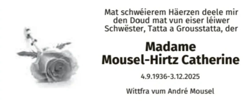 Traueranzeige für Catherine Mousel-Hirtz