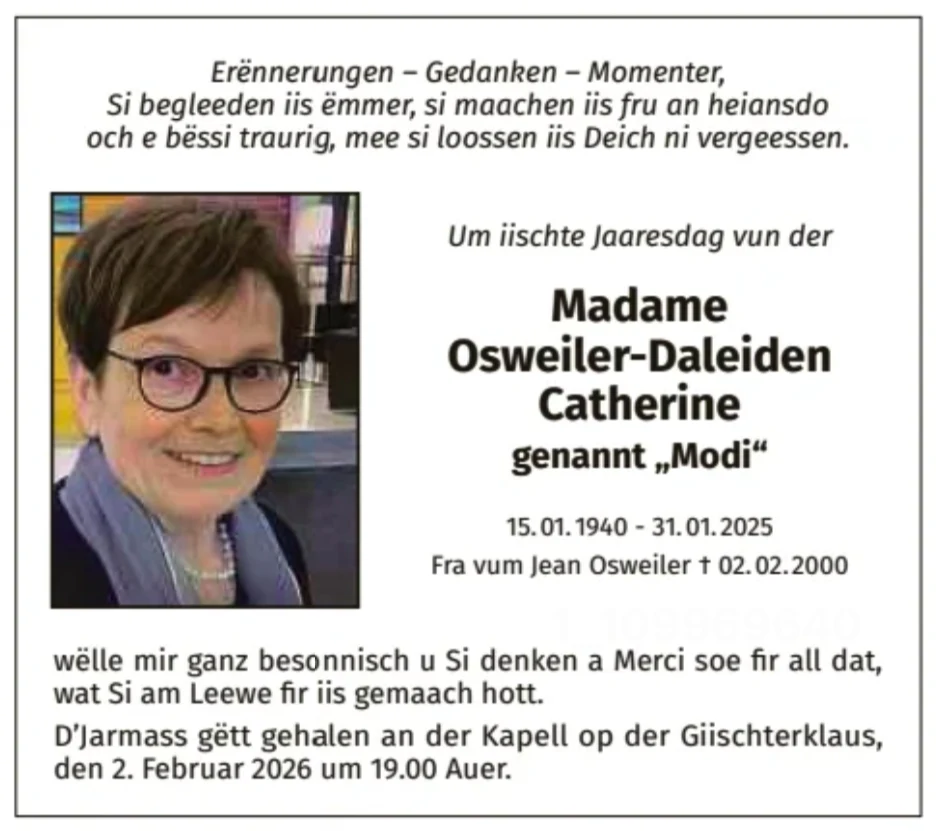Traueranzeige für Catherine Osweiler-Daleiden
