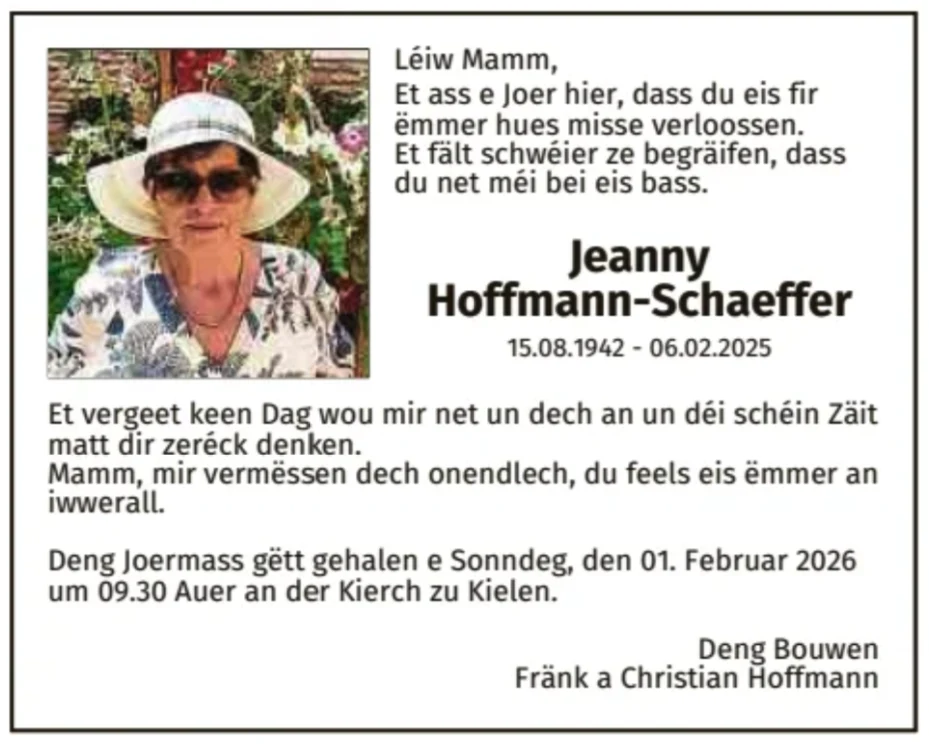 Traueranzeige für Jeanny Hoffmann-Schaeffer